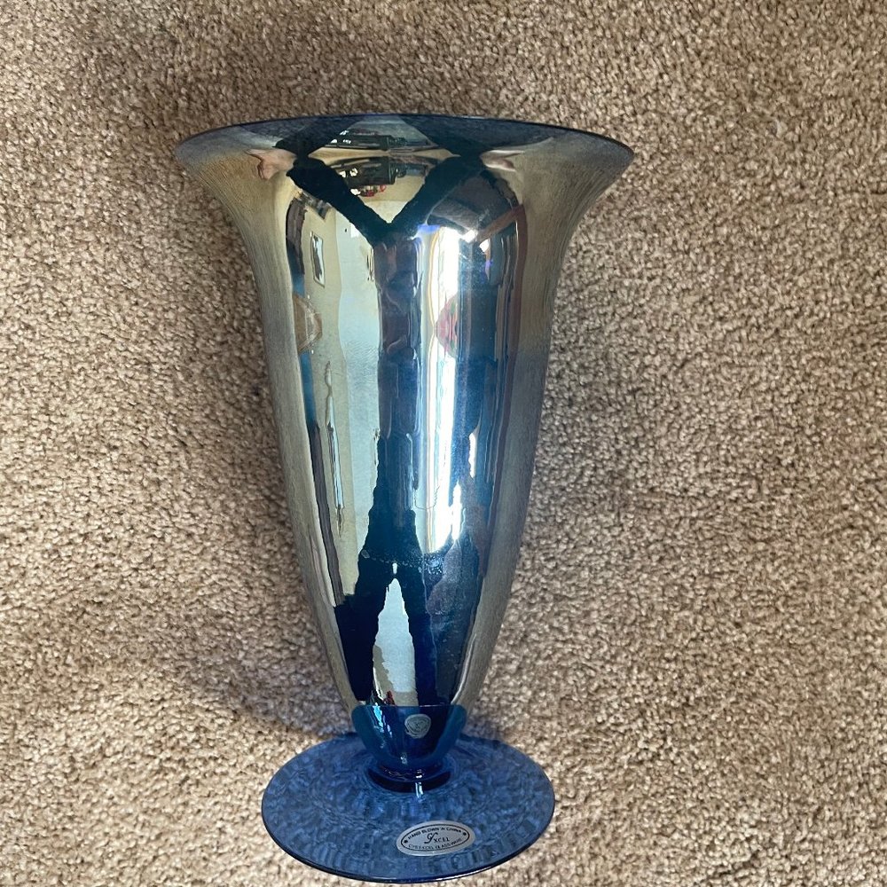 Cys Excel Blue Carnival Glass Hand Blown Vase